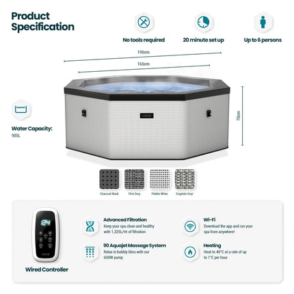 Como | 6-Person Eco Foam Hot Tub | Built-In Integrated Heater | Pebble White